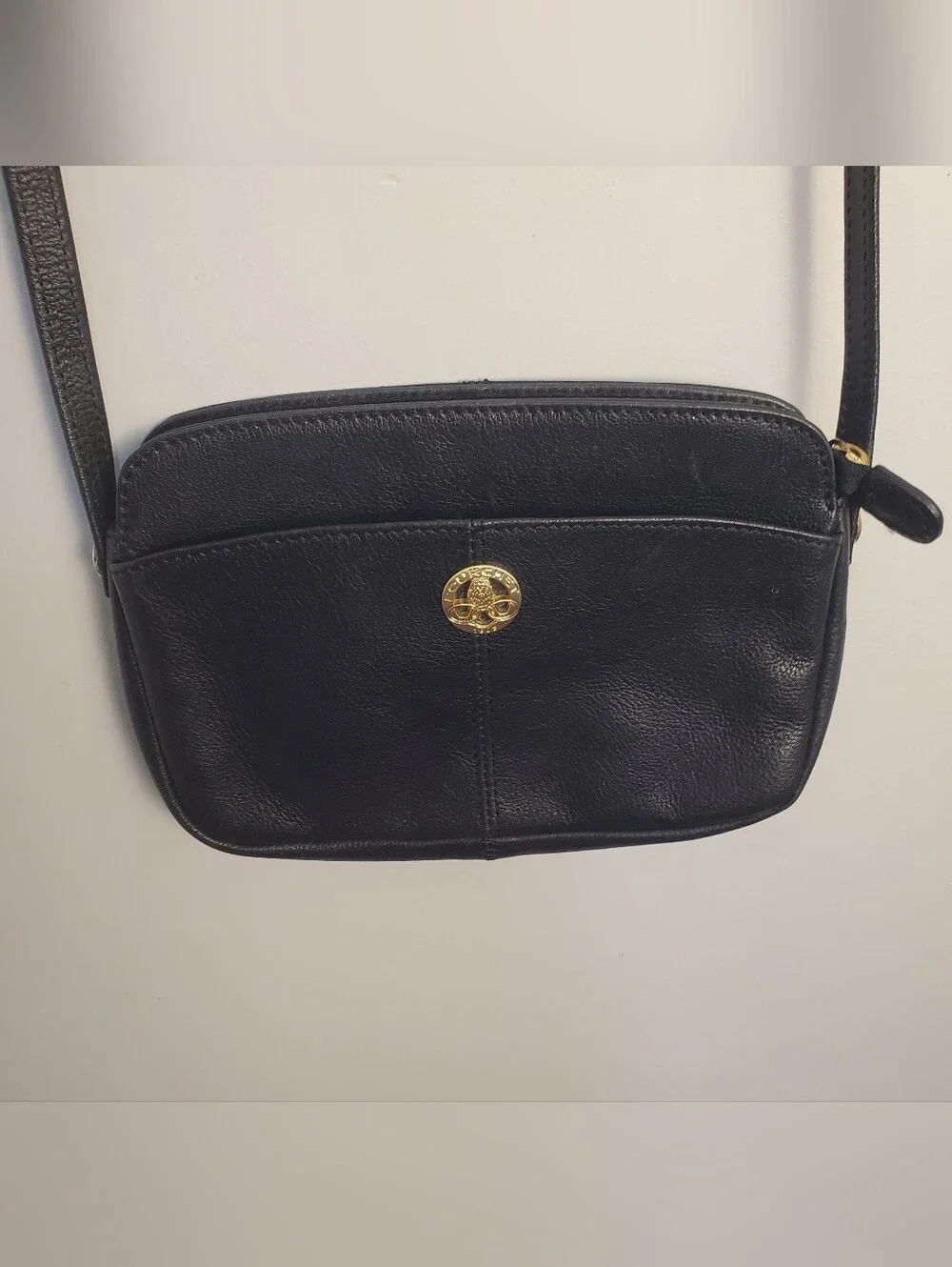 Vintage Pourchet Paris Black Leather Crossbody Bag Gold Crest Made In France